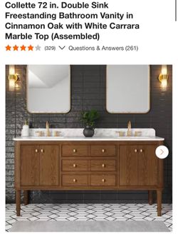 Collette 72 in. Double Sink Freestanding Bathroom Vanity in Cinnamon Oak with White Carrara Marble Top