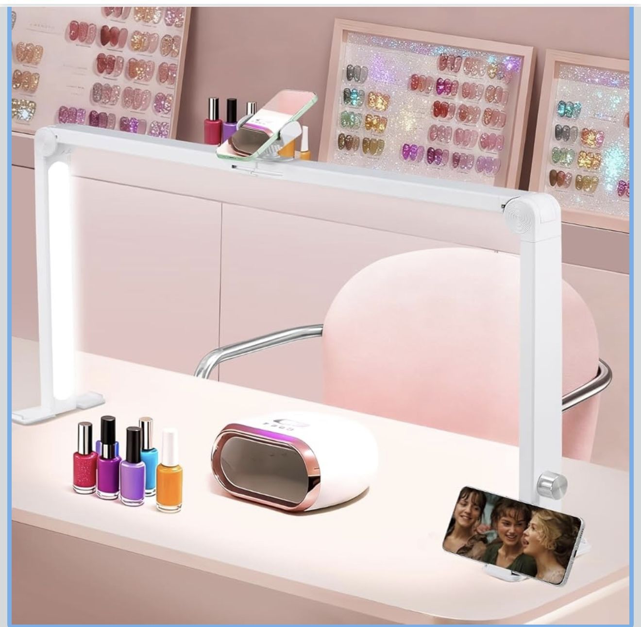 Nail Tech Lamp for Desk, 34 in Large Half Moon Light with Phone Holder, 48W Brightness Adjustable Lash ARC Light for Manicure, Tattoo, Spa, Salon, 300