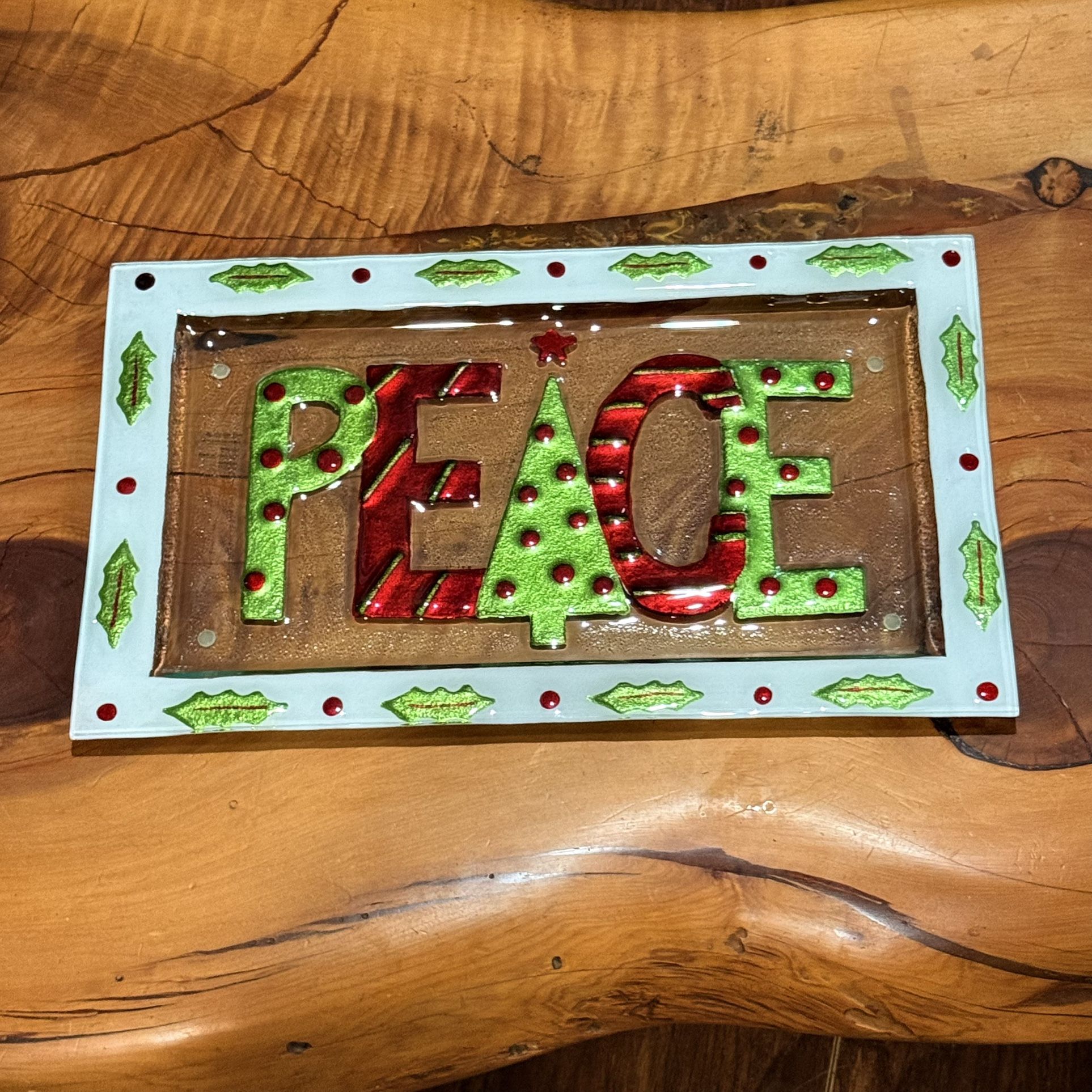 🎄 Fused Glass “PEACE” Holiday Serving Tray • 16.75” x 10”