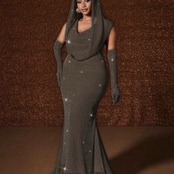 Maweii Plus Size Sexy Cinched Waist Gold Foil Fish Tail Hem Dress