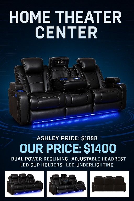 Home Theater Power Reclining Sofa – LED + USB – $1,400