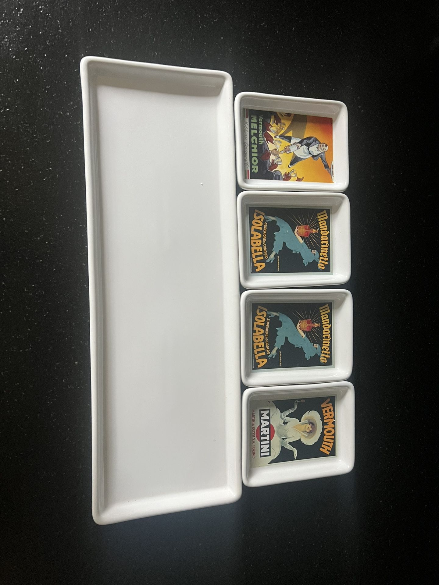 Pottery Barn Vintage Posters Serving Tray w/ Appetizer Dish Plates for