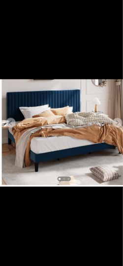 SHA CERLIN King Upholstered Platform Bed Frame Navy Blue