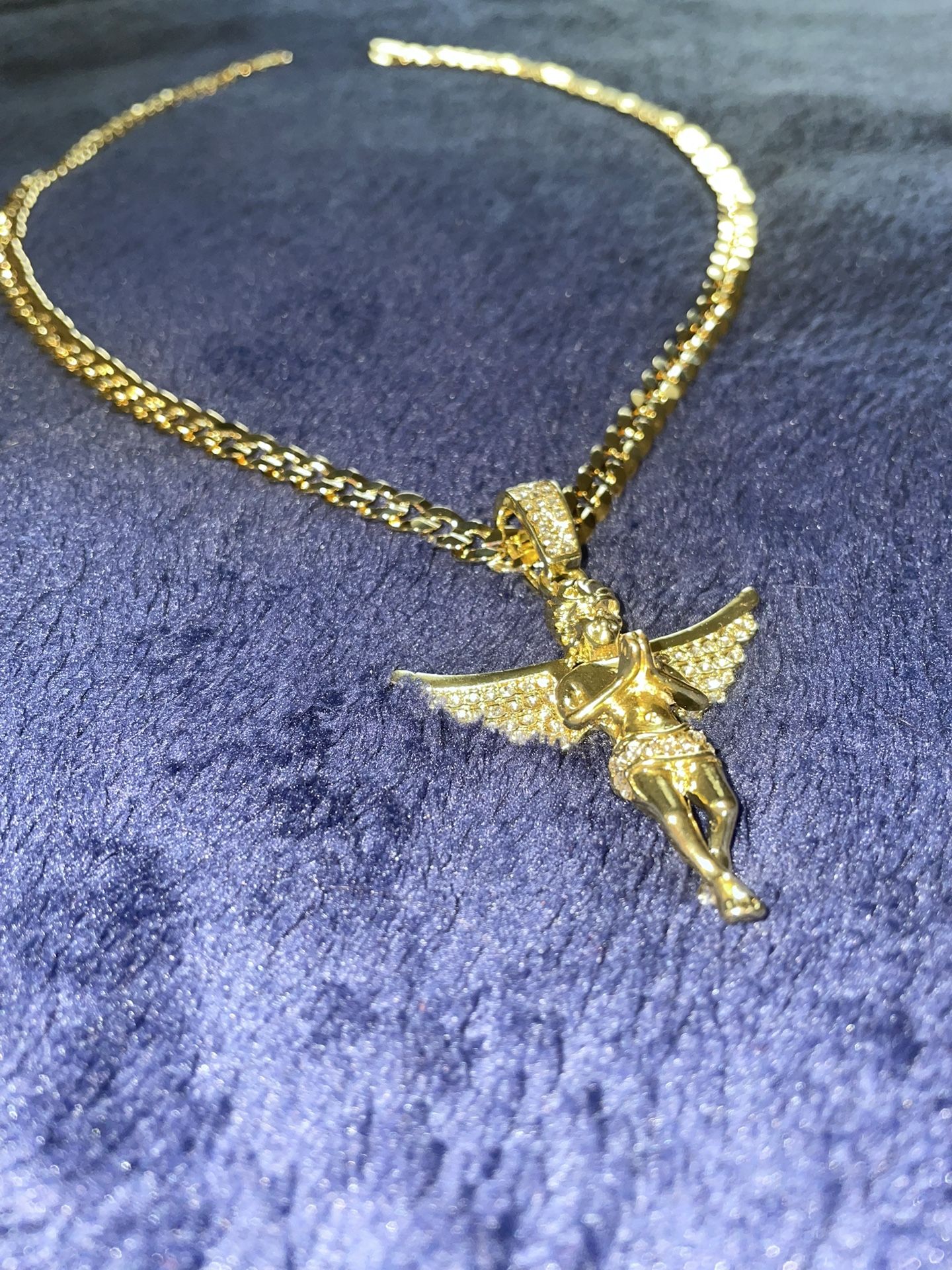 14k gold cuban chain & angel pendant set
