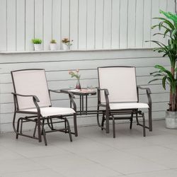 Outdoor Glider Chairs with Coffee Table, Patio 2-Seat Rocking Chair Swing Loveseat with Breathable Sling for Backyard, Garden, and Porch, Beige