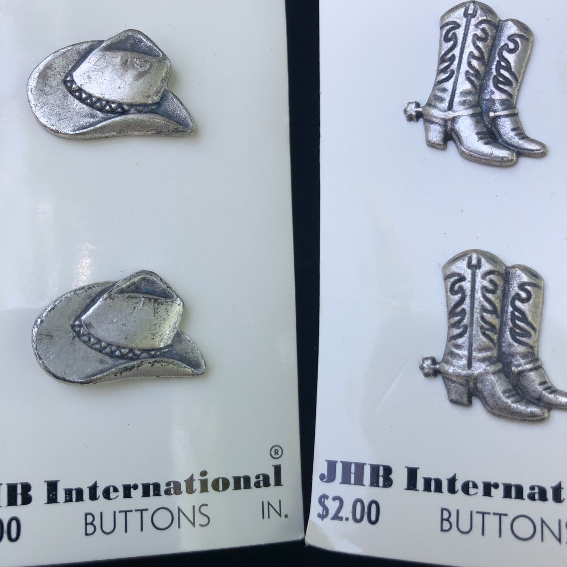 NIP Vintage JHB International Washable/Cleanable Pewter Cowboy Boots and Hats Pewter Buttons. Made in Italy
