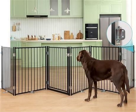Free Standing Dog Gate with Door, 30'' Tall Foldable Dog Fence for Indoor & Outdoor, Up to 156 Inch Extra Wide Puppy Gate for Stairs, Hallways, Doorwa