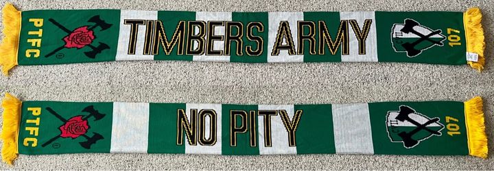Portland Timbers Army Gold Fringe Gold Outline Lettering No Pity Soccer Scarf