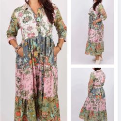 3/4 Sleeve Shirt Dress in Cotton Patchwork
