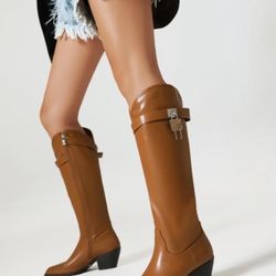 Women's Cowboy Boots Square Toe Knee High Boots Chunky Block Heel Padlock Side Zipper Boot（size 7）