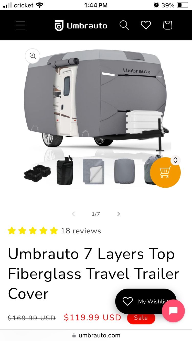 Umbrato 7 Layer Top Fiber Glass Travel Trailer Cover 8-10ft 126’Lx80’Wx84’H NEW!