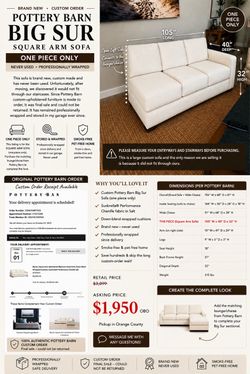 NEW Pottery Barn Big Sur Sofa – Never Used – Save Over $1,000