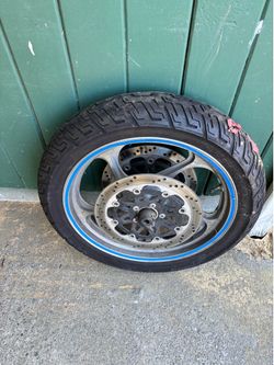 Front wheel assembly removed from a 2001 Kawasaki Concours (ZG1000).