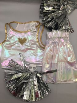 Girls Cheerleader Costume Silver Sequin Pom Poms Halloween Cosplay Dance New
