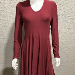 Maroon Burgundy V-Neck Long Sleeve Skater Mini Dress Fit & Flare Jersey