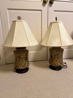 Pair of Ceramic Lamps w/Silk Shades in Great Condition 27”h Smoke free household
