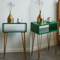  Modern Contemporary Set Of 2 Nightstand, Extreme Minimalism Open Shelf Style on Metal Hairpin Legs(green)(0155)