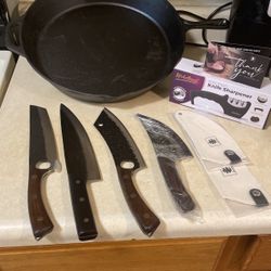 Knifes And Knife Sharpener And Cast Iron Skillet 
