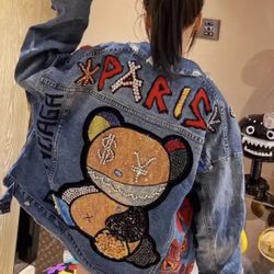 Denim Jacket!!!  Diamond Sequins Heavy Bear