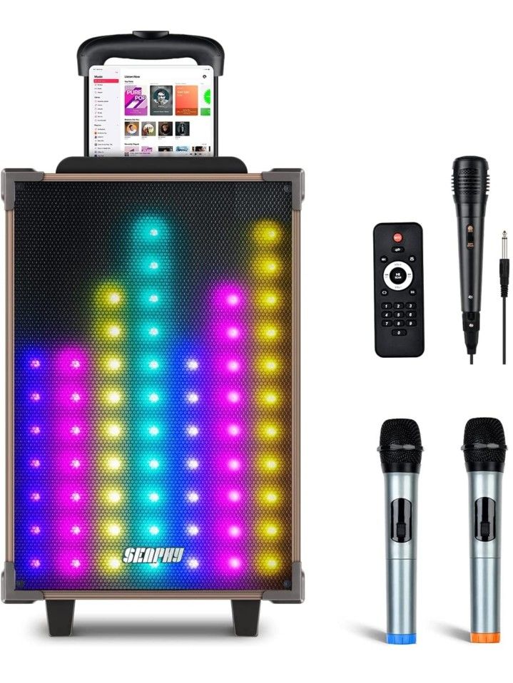 Seaphy KL-B15 10" Portable Karaoke Machine Wireless Wooden Woofer With Lights Music Box