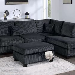 BLACK CORDUROY SECTIONAL WITH STORAGE OTTOMAN