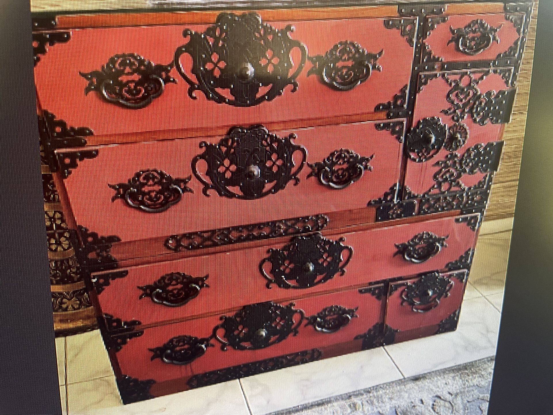 Large Red Color Dresser With Drawers & Small Cabinets