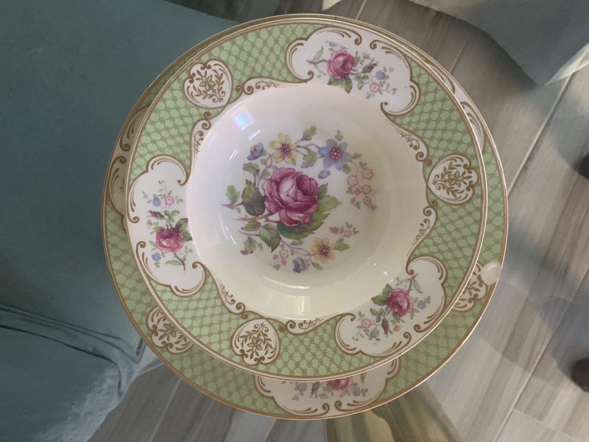 Staffordshire Rose Green Bone China Set Of 9