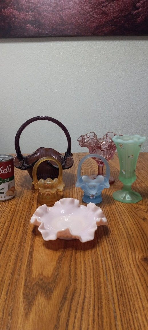 Vintage Lot Of Fenton Art Glass Six Pieces Perfect Condition For $29 Hand Painted Baskets Vase Dish Ruffled Pedestal