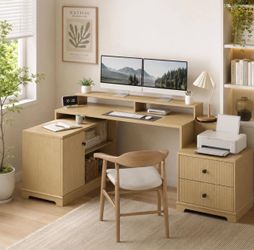 L-Shaped Wood Desk with Storage and Monitor Riser