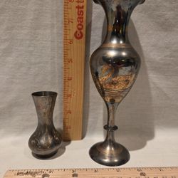 "RARE" VTG Solid Brass Etched Bud Vases Lot Of 2