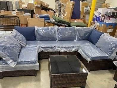 New in Box 7 Pcs Outdoor Patio Furniture Blue Cushion Mix Brown Wicker Assemble Need