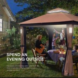 10x12 Gazebo Soft Top with LED&Bluetooth Canopy Tent 2-Tier Curtain Double Roof