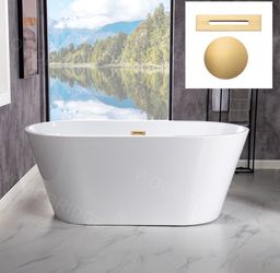 B1702-BG-Drain&O, 54" Acrylic Freestanding BathtubContemporary Soaking Tub with Brushed Gold Overflowand Drain,White Tub