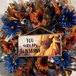 Denim Blue and Orange Sunflower Wreath 