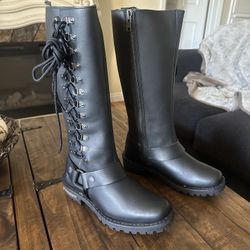 Women's Classic Black Leather 14-Inch Harness Square Toe Tall Motorcycle Boots