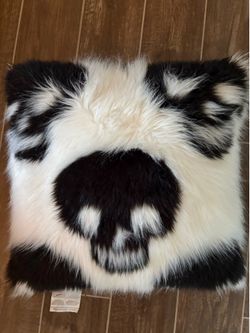 black and white shaggy faux fur skull decorative pillow