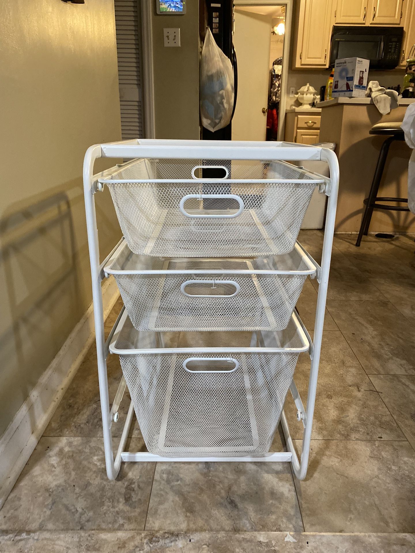 3 Ikea White wire Algot Baskets. 1 large and 2 medium with 1 Hanging Rail. Measurements below.