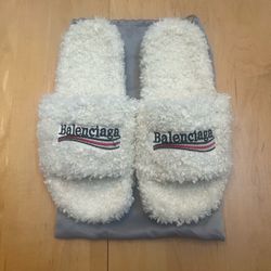 Furry white balenciaga slides