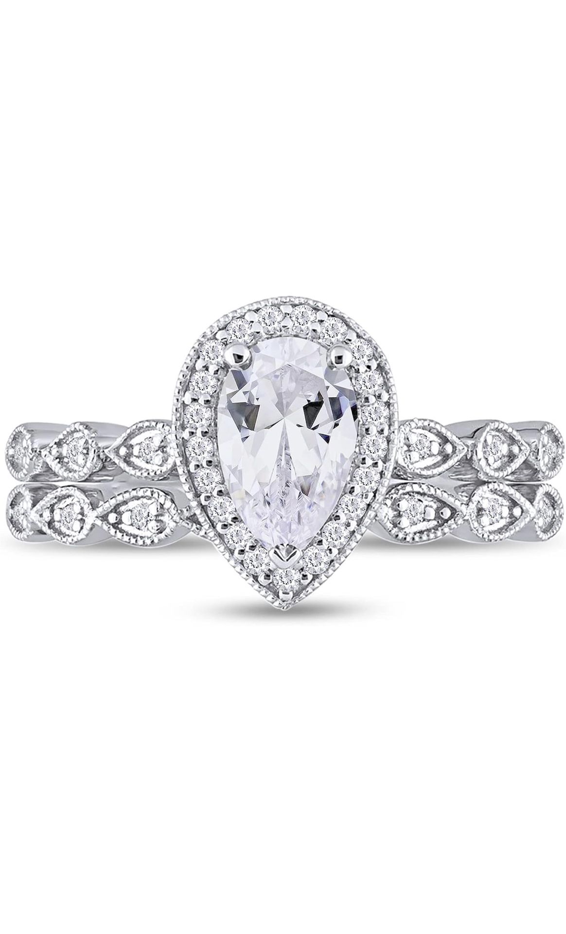 Size 4 1/2 Pear Shape Engagement Ring Set. 18kwg Plated Silver