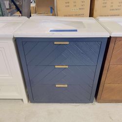 Brand New Bathroom Vanity “30” in Navy Blue with 3 modern drawers and Vanity Top in White $489 