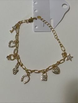 Rhinestone Charm Bracelet Gold Tone Chain Adjustable