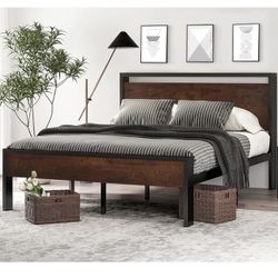 O41 $100 14 Inch Full Size Metal Platform Bed Frame with Wooden Headboard and Footboard