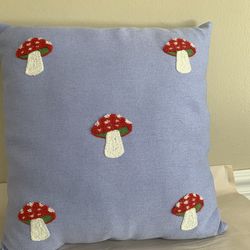 Zegsy Blue Embroidered Luxe Collection Red Mushroom Throw Pillow 15”cottage core