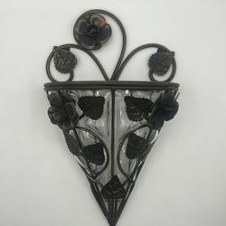 VINTAGE HEAVY BLOWN GLASS & METAL WALL SCONCE LEAVES & FLOWERS
