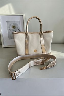 Michael Kors Luisa Medium Cotton Cream Canvas Tote with Gold Trim