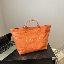 Vintage Washed Dupont Paper Large Tote Bag, Minimalist Letter‑Print Transparent PVC‑Coated Handbag