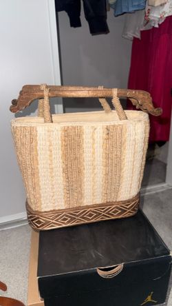 Woven Straw Tote Bag with Wooden Handle