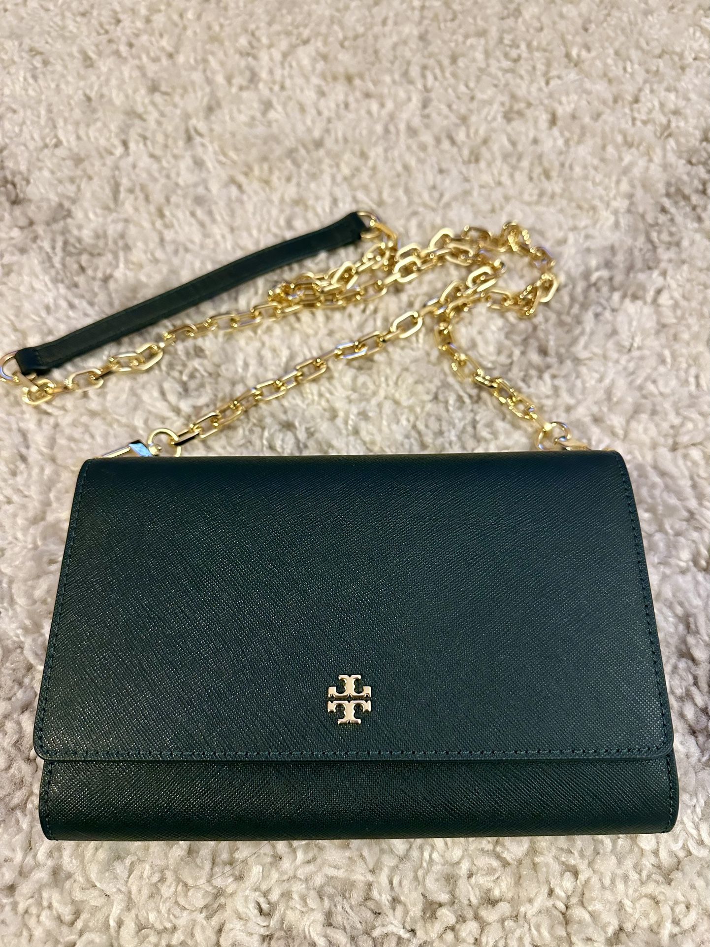 Tory Burch Chain Wallet Crossbody Dark Green And Gold