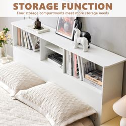 King Headboard with Adujstable Shelves, King Wooden Headboard with Storage, Sturdy and Durable Wood Headboards with 4 Compartments, Free Standing