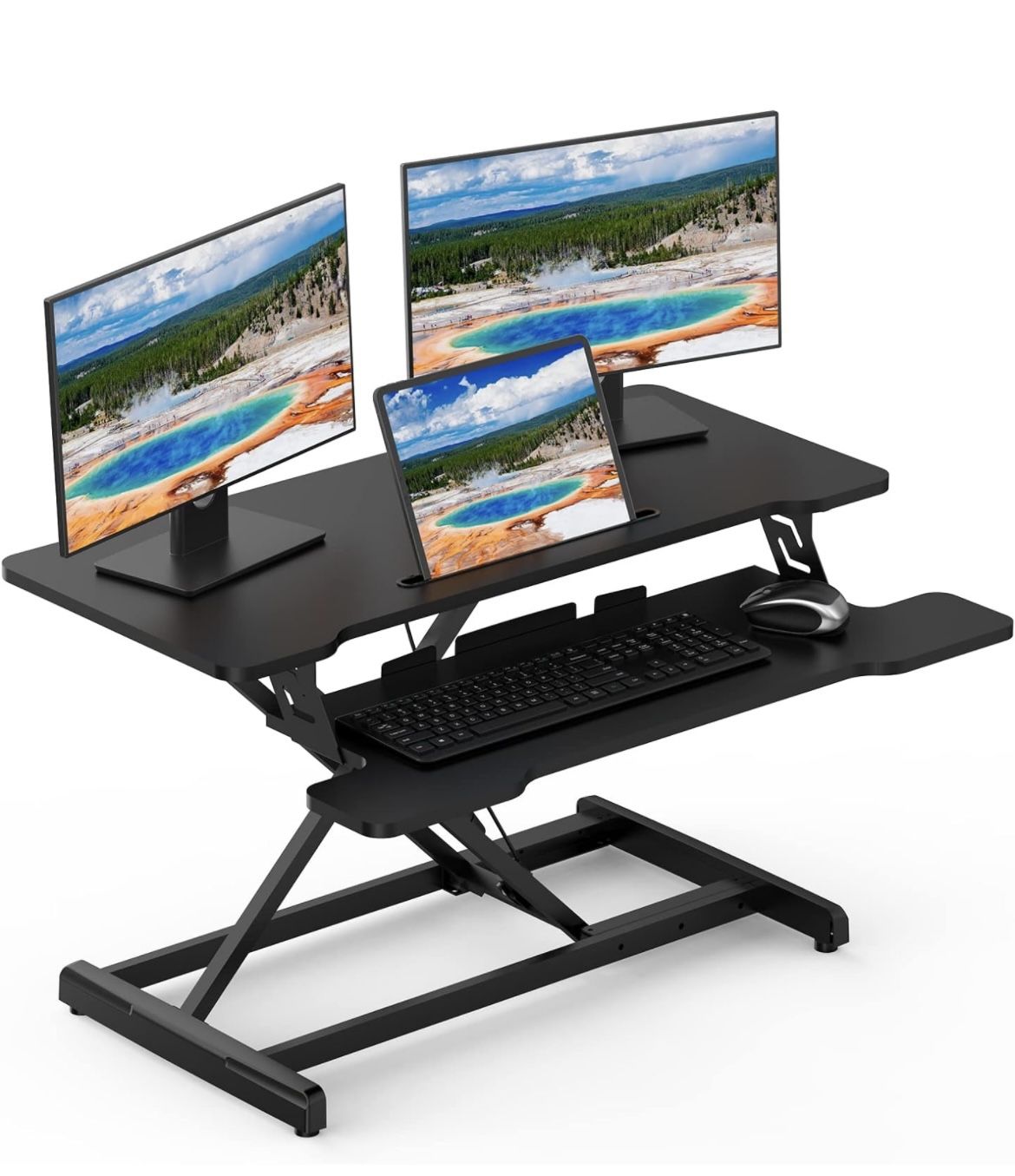 35'' Wide Standing desk Converter for Dual Monitor & Laptop w/Keyboard Tray,Sit to Stand Ergonomic Height Adjustable Riser Converter Computer Workstat